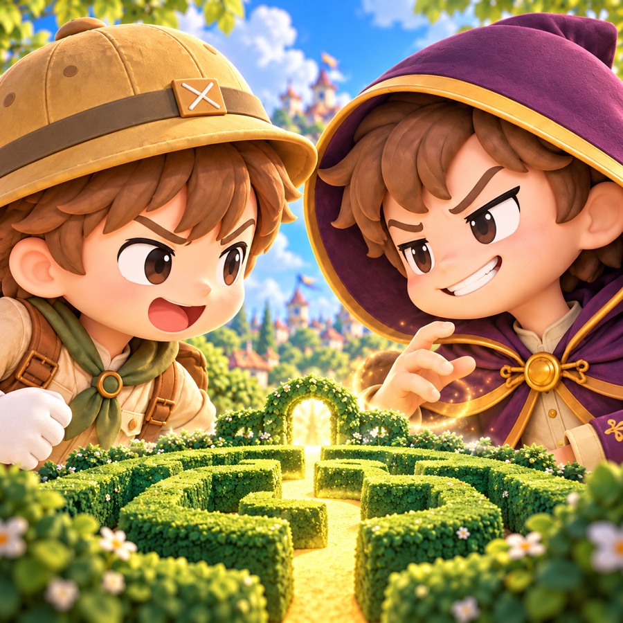 庭の迷路を挟んで向き合う、探検家と魔法使いのイラスト